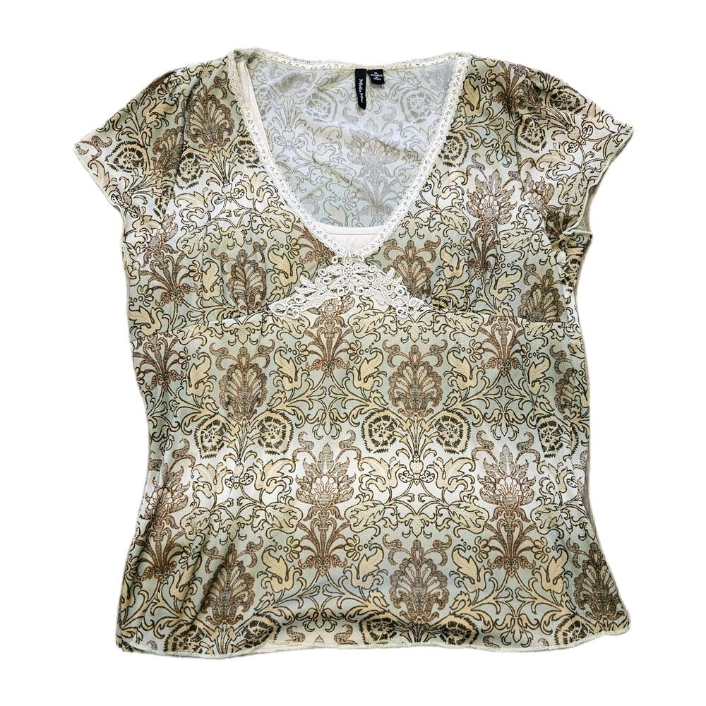 Vtg Floral Paisley Babydoll Top Womens XL Hreen Brown Lace Trim Blouse Fairy Y2K
